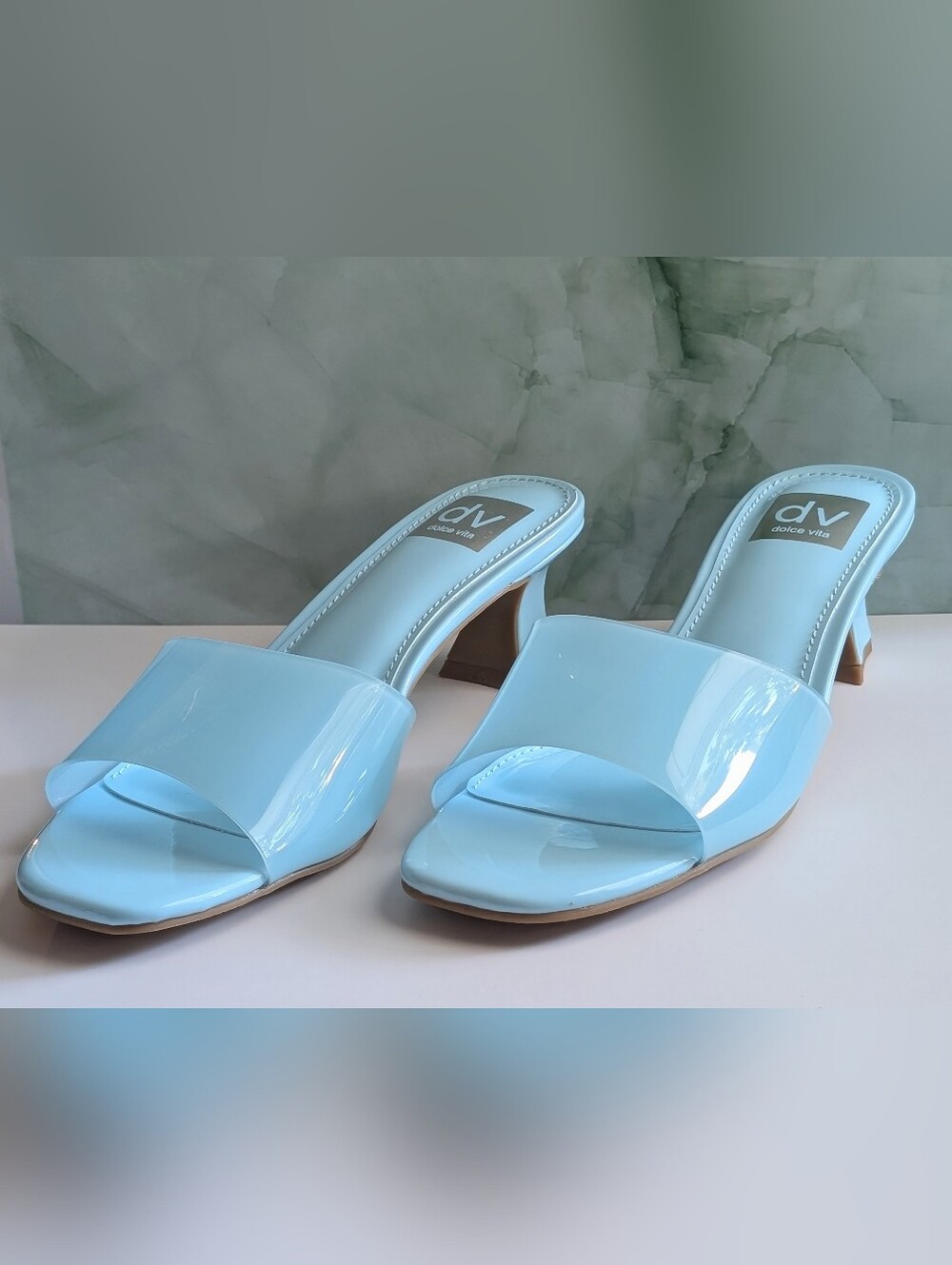 NIB Dolce Vita Brendah Sky Blue Sculptural Heel Slide Sandals Size 8